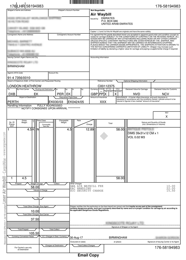 Customs Clearance AWB Sample